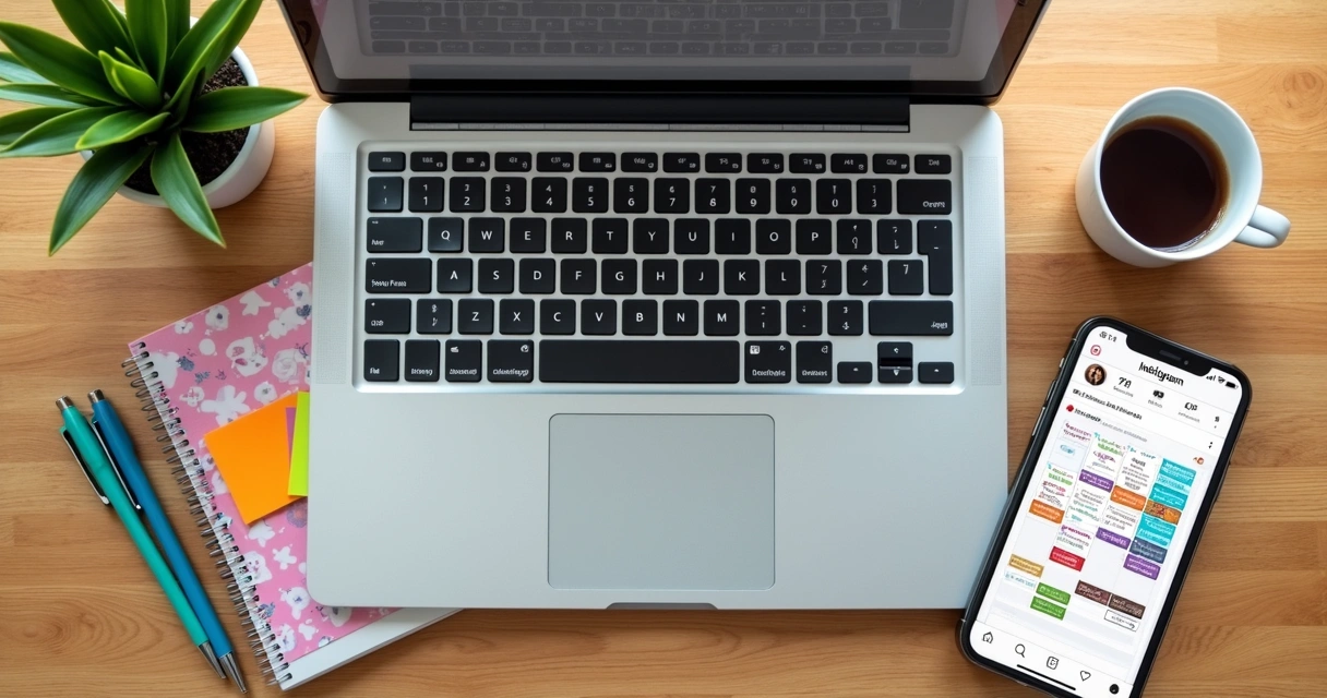 Mesa com computador e agenda mostrando planejamento de posts para Instagram. 