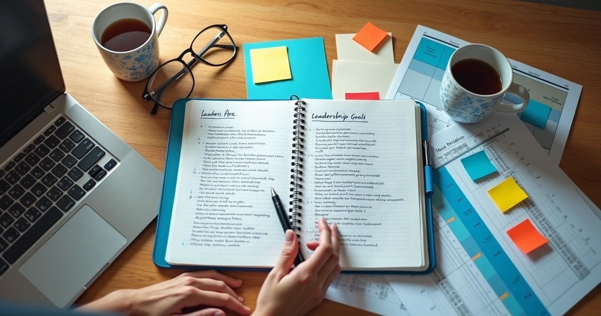 Mesa com caderno de planejamento e gráficos de liderança