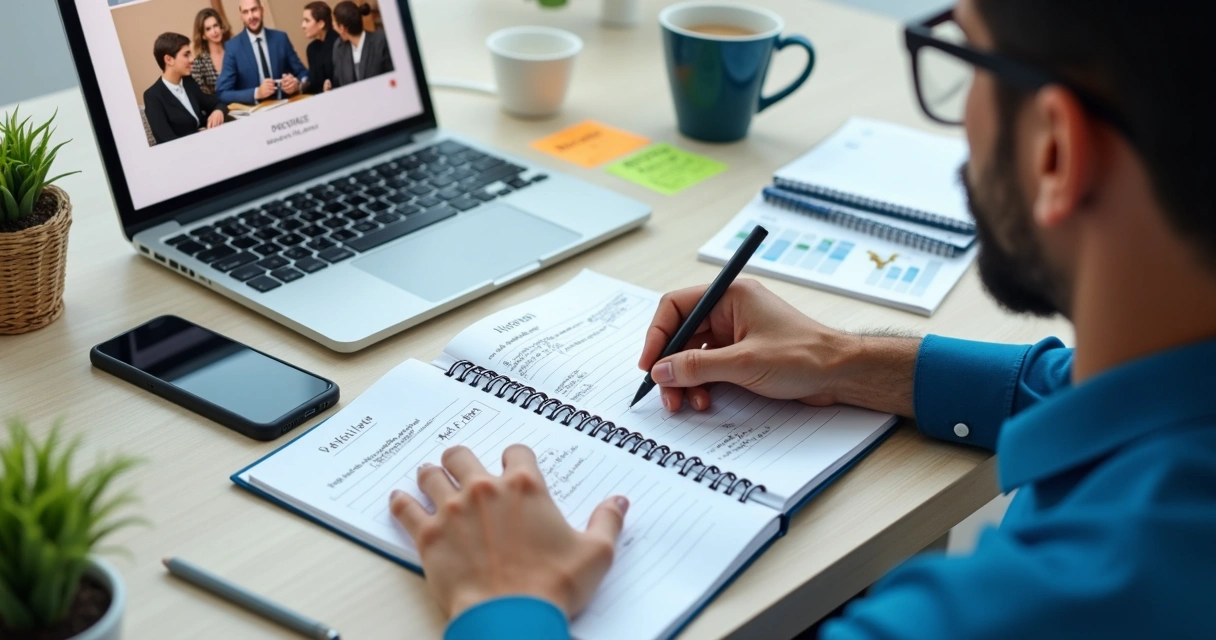 Profissional planejando palestra com notebook e anotações
