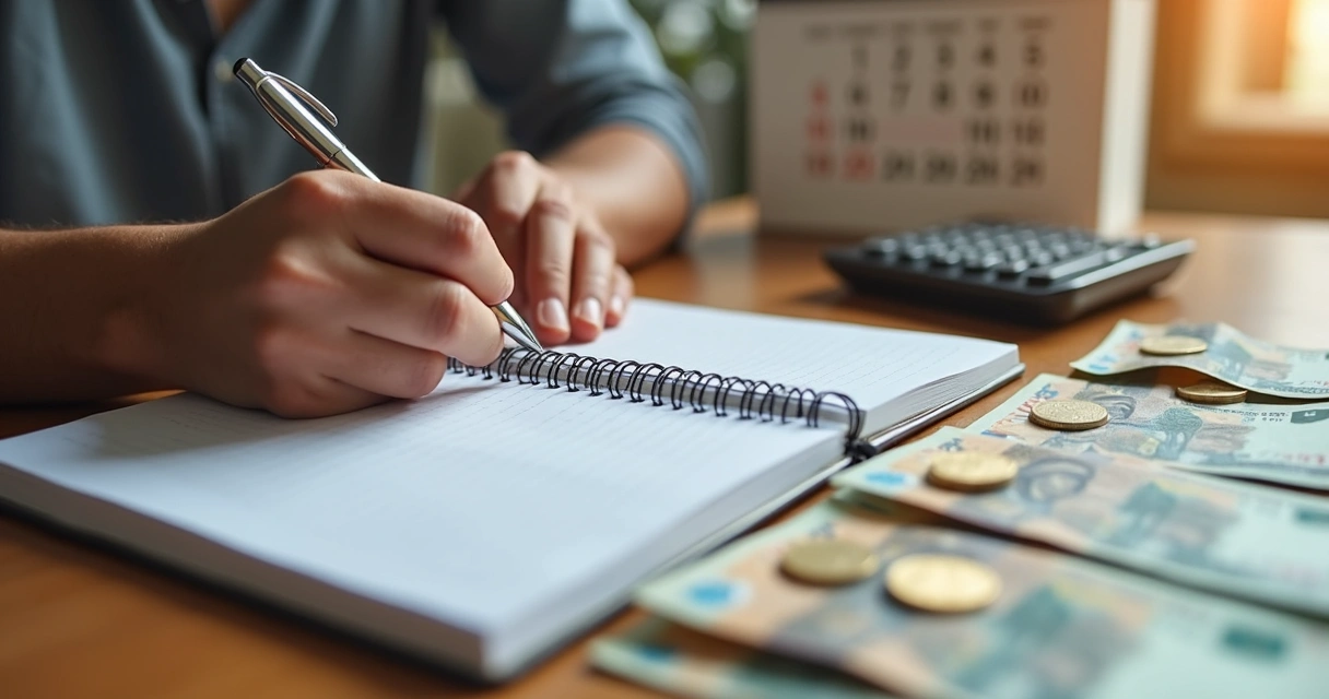 Pessoa anotando planejamento financeiro com notas do 13º salário