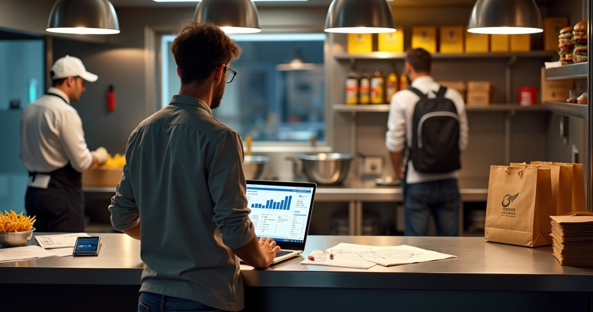 Empreendedor analisando plano de delivery em cozinha profissional moderna 