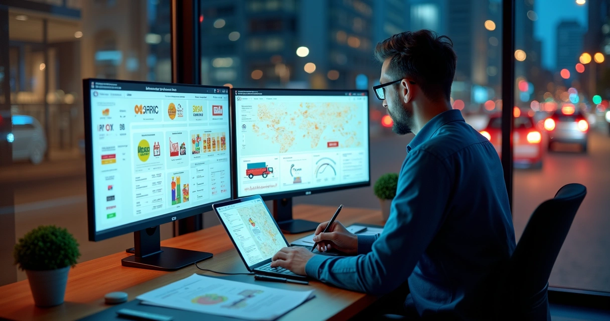 Gestor analisando planejamento de delivery multimarcas em telas digitais 
