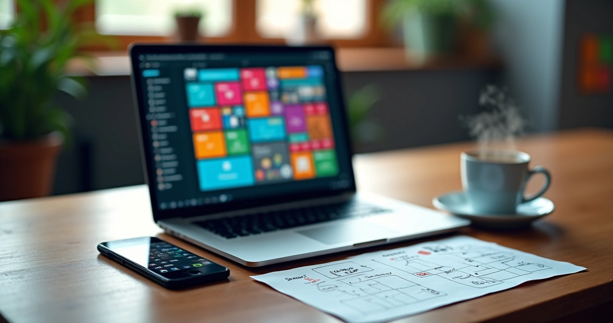 Mesa de trabalho com laptop exibindo app em desenvolvimento, anotações manuais, smartphone e café 