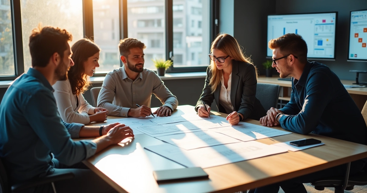 Reunião de equipe analisando planejamento e objetivos do site 