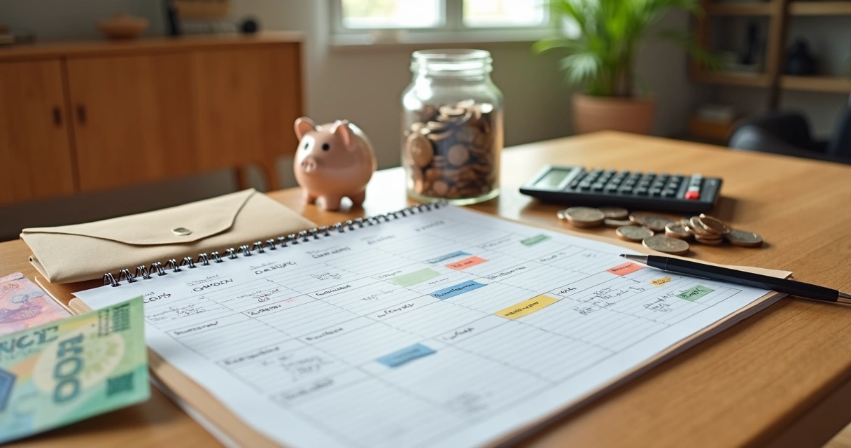 Calendário colorido com marcações financeiras ao lado de envelope de orçamento e cofrinho 