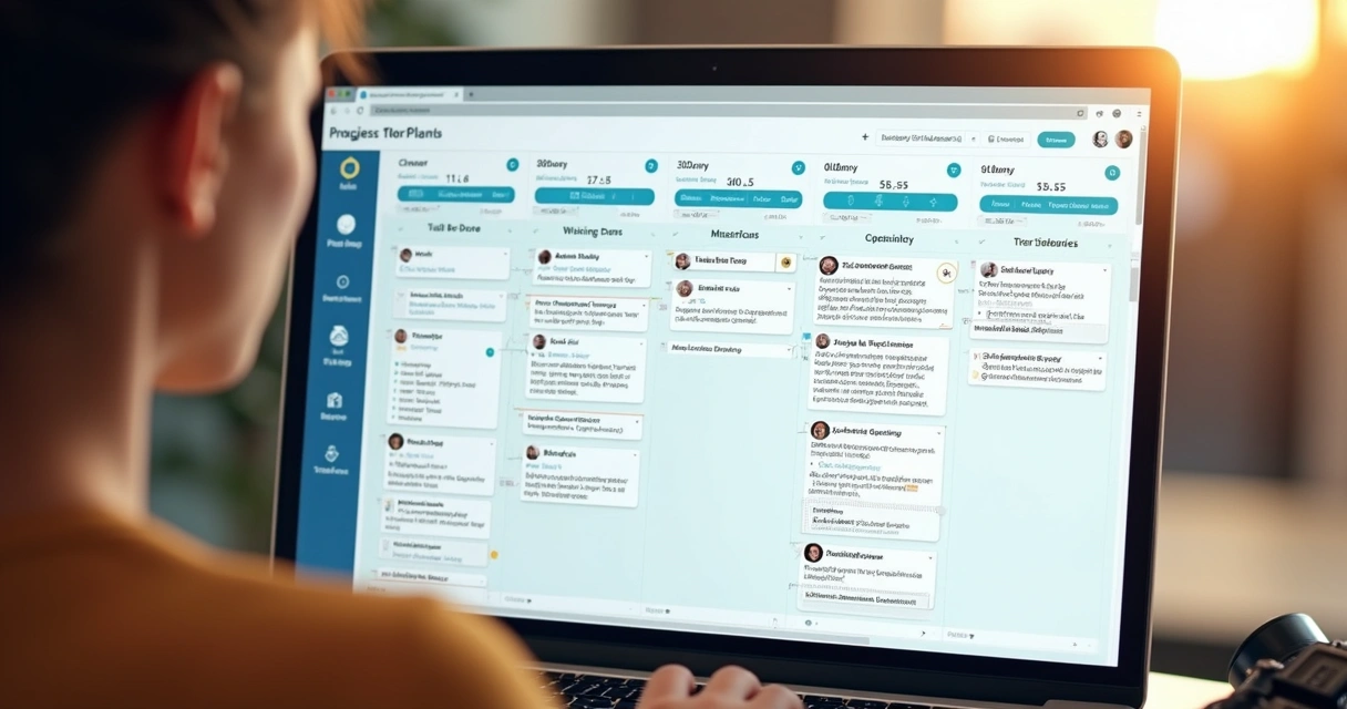 Interface de planejamento de projeto visual no Notion com quadros, timelines e checklists detalhados 