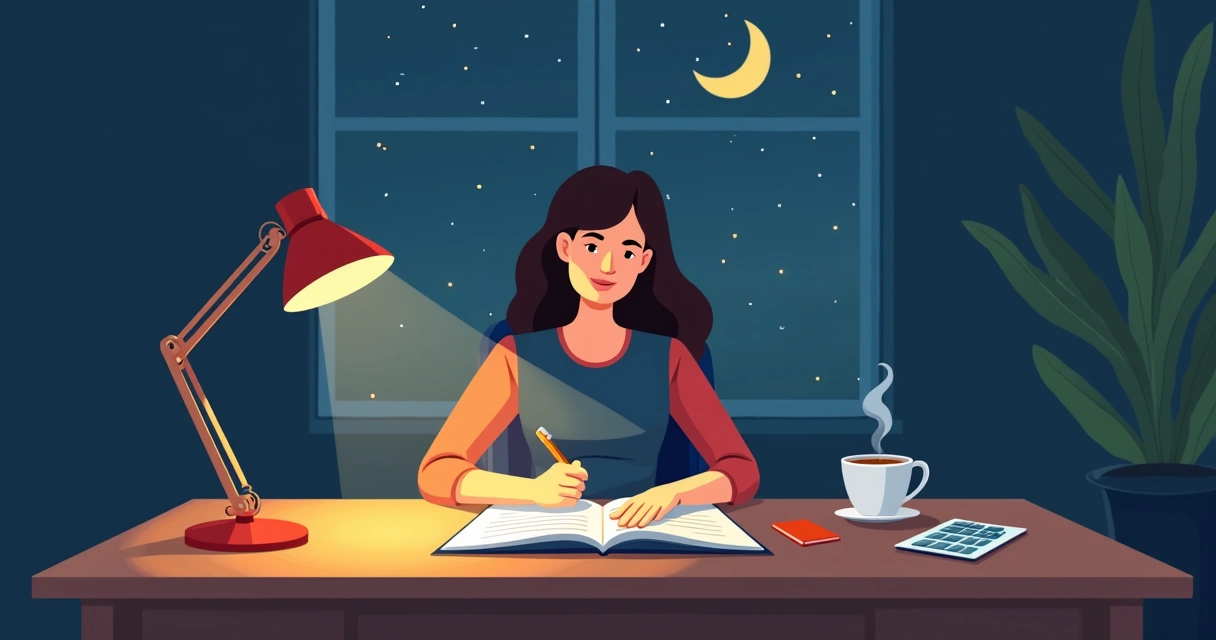 Pessoa planejando tarefas em um caderno à noite