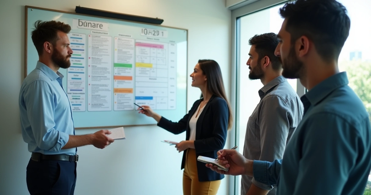 Líder e equipe revisando plano diário de trabalho 