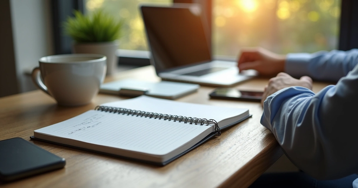 Pessoa planejando o dia em um caderno em mesa de escritório 