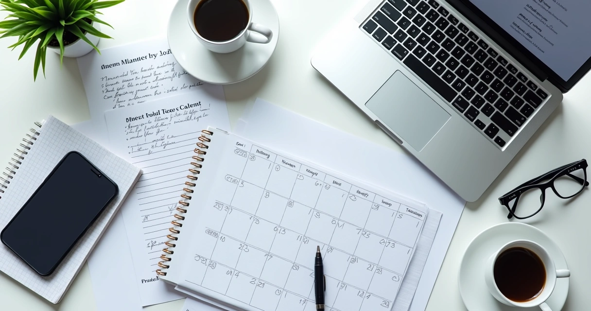 Advogado planejando posicionamento digital com calendário e notebook 