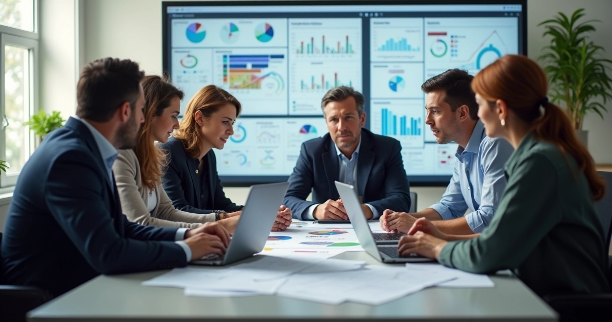 Equipe reunida em torno de mesa com laptops e gráficos de planejamento digital 