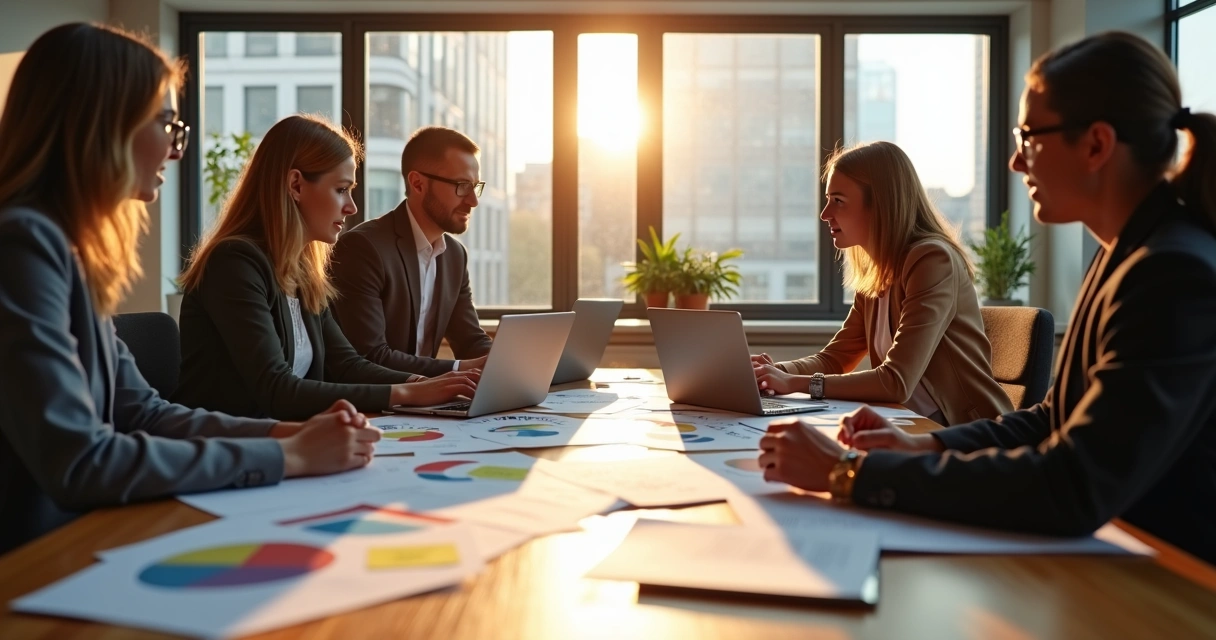 Equipe de marketing analisando gráficos em mesa de reunião 