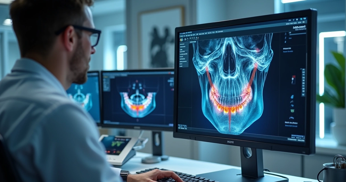 Dentista utilizando computador para planejamento 3D do implante dentário