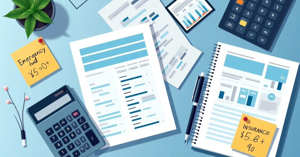 Mesa de escritório com calculadora, documentos de planejamento financeiro e caderno com gráficos 