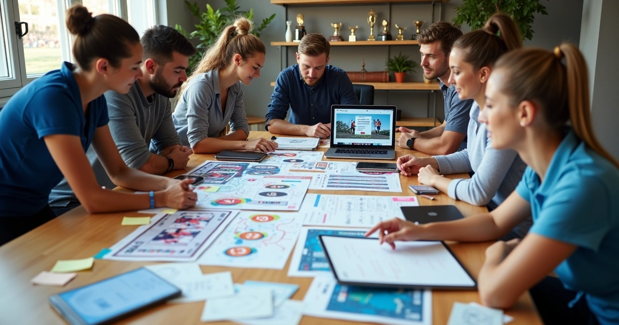 Organizadores esportivos montando plano de divulgação de corrida em mesa com material visual 