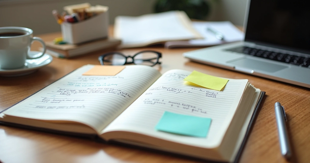 Caderno com planejamento docente ao lado de café e laptop 