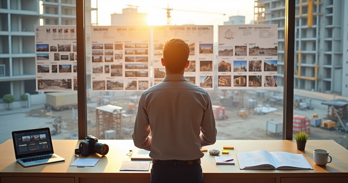 Profissional organiza planejamento de documentação fotográfica de obra em parede com fotos impressas 