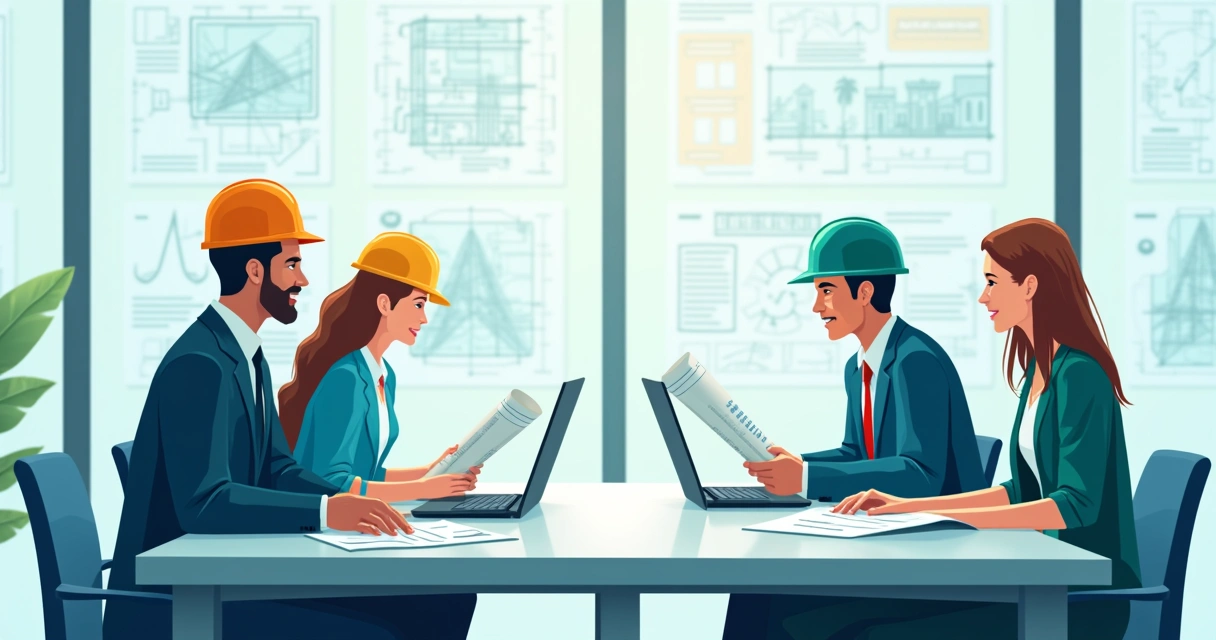 Equipes comparando projetos de obra e documentos legais em sala de reunião 