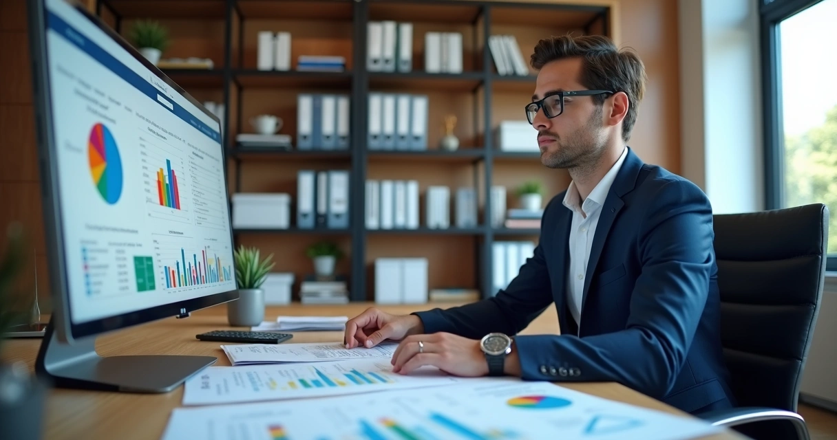 Profissional analisando documentos fiscais em escritório moderno com gráficos e relatórios na tela do computador 