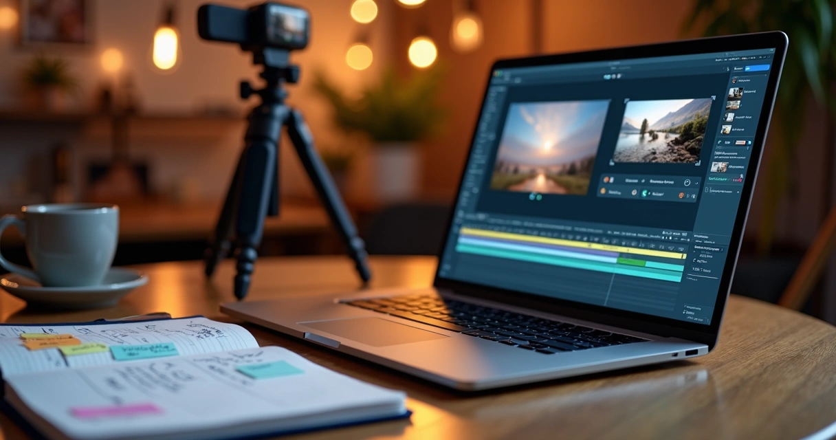 Tela exibindo planejamento de edição com roteiro e anotações ao lado de um notebook 