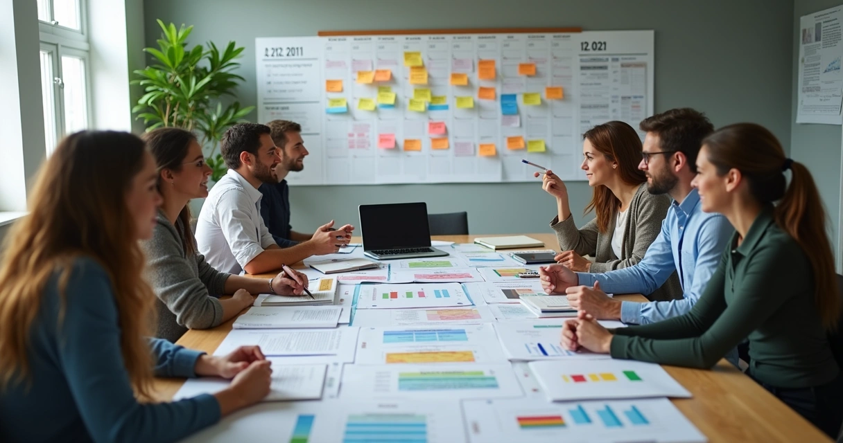 Equipe revisando calendário editorial em uma mesa de trabalho