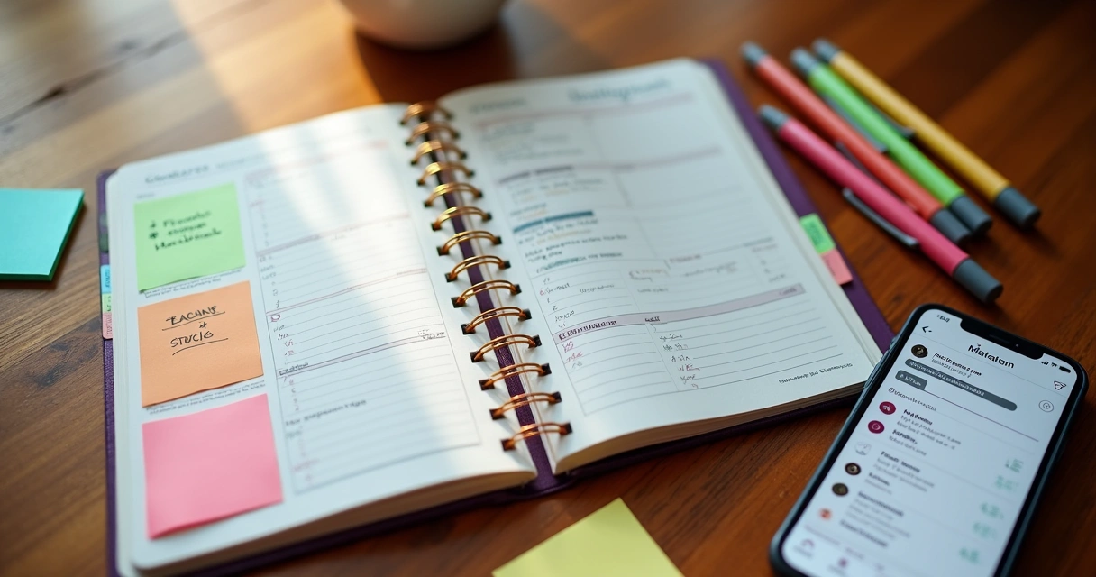 Quadro de planejamento editorial para Instagram com marcações e post-its coloridos. 