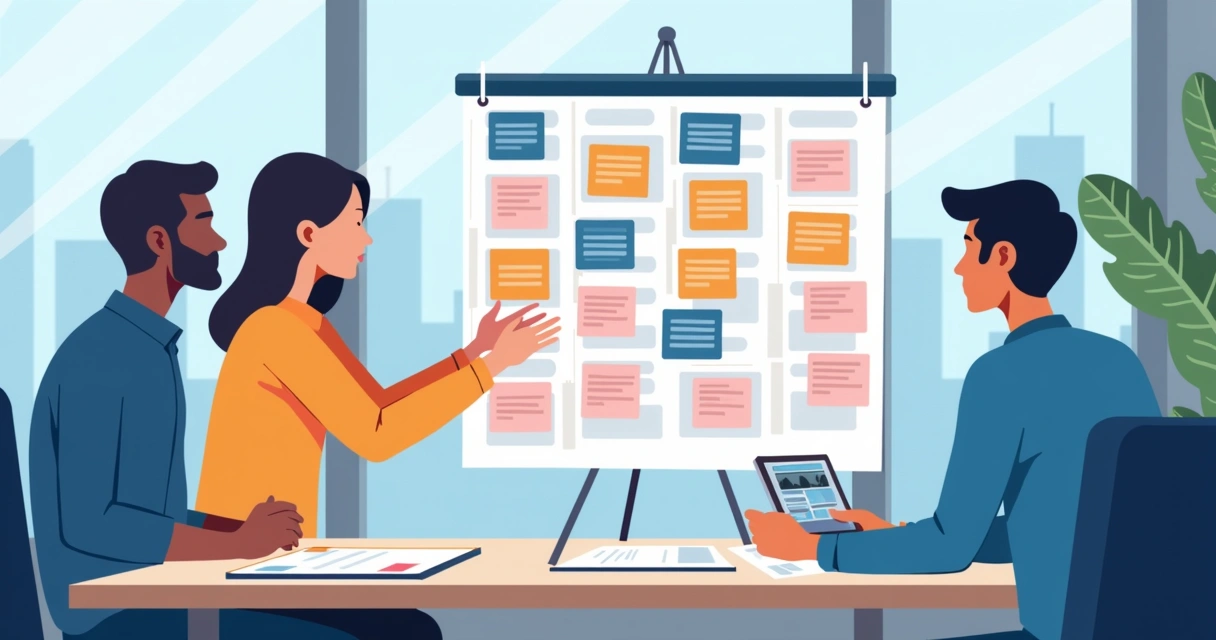 Equipe organizando um calendário editorial em uma mesa com vários formatos de conteúdo escritos 