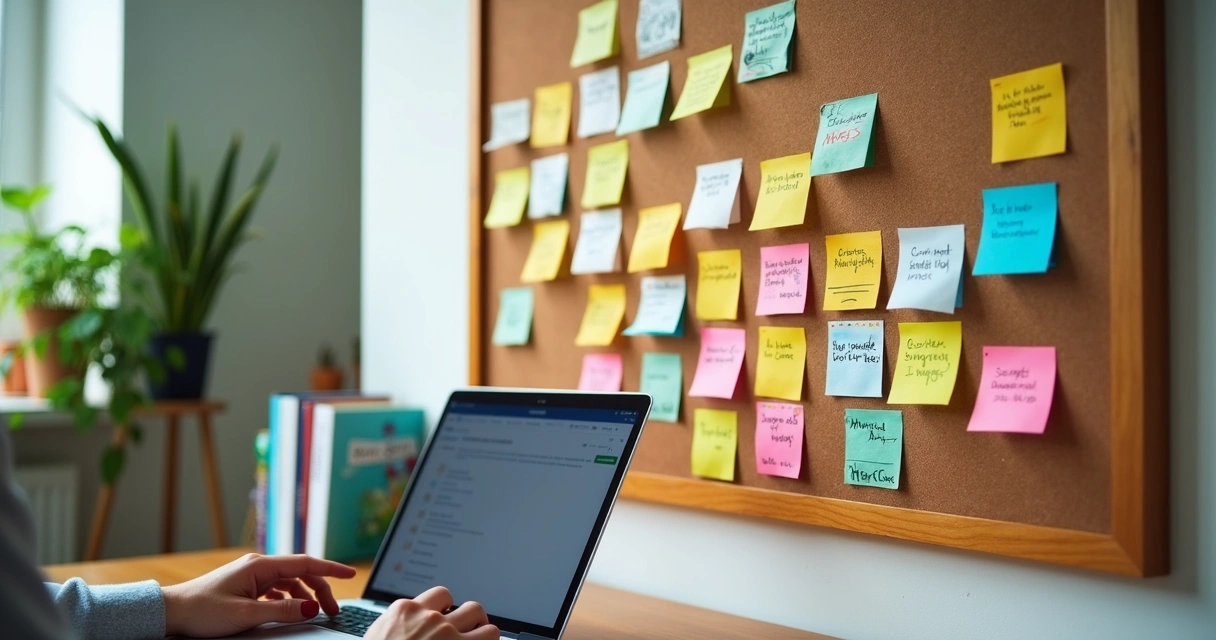 Quadro de planejamento editorial digital com cartões coloridos e anotações, laptop à esquerda 