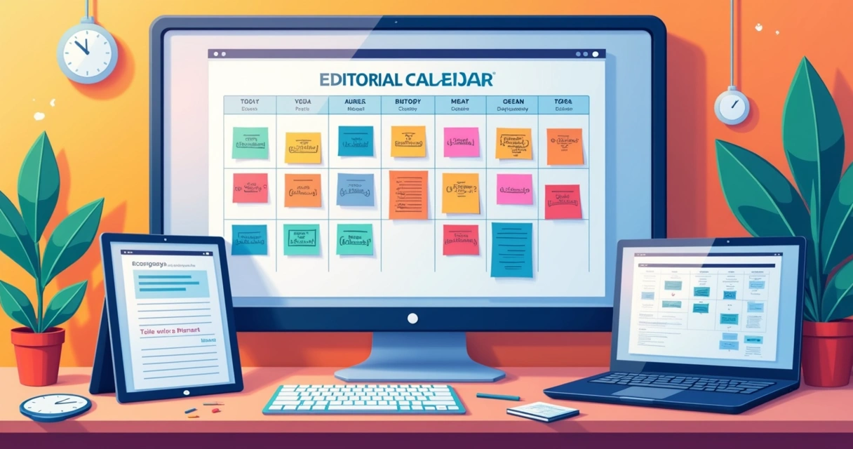 Calendário editorial digital com post-its coloridos e dispositivos conectados. 