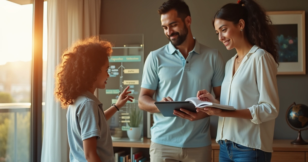Pais e filha adolescente planejam educação futura com quadro transparente mostrando caminhos até o Enem 
