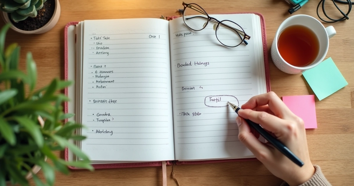 Caderno com etapas escritas e mão organizando tarefas