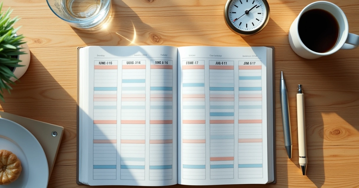 Agenda aberta com blocos de tempo coloridos e xícara ao lado