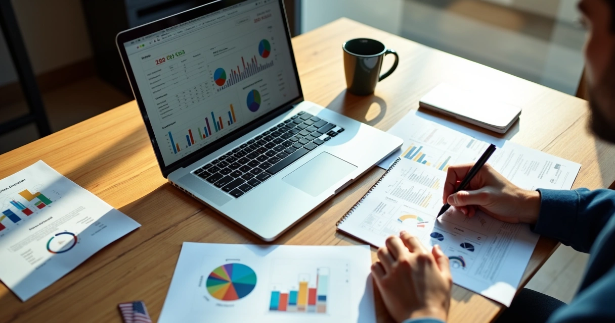 Mesa de escritório com laptop, anotações e gráficos de planejamento de empresa 