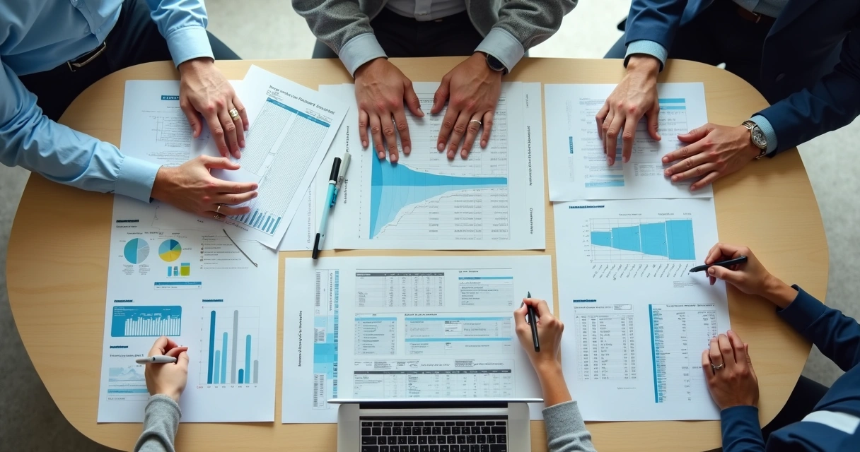 Familiares organizando papéis e metas em mesa de trabalho 