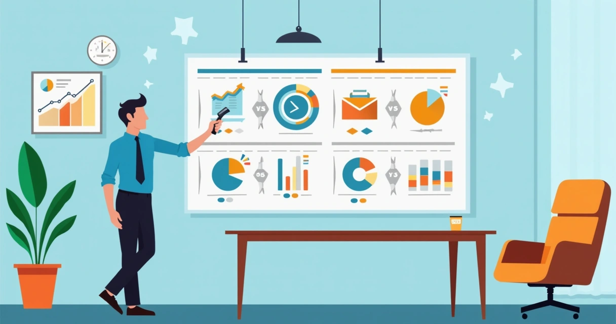 Empresário em sala de reuniões analisando painéis e dados de comparação de empresas 