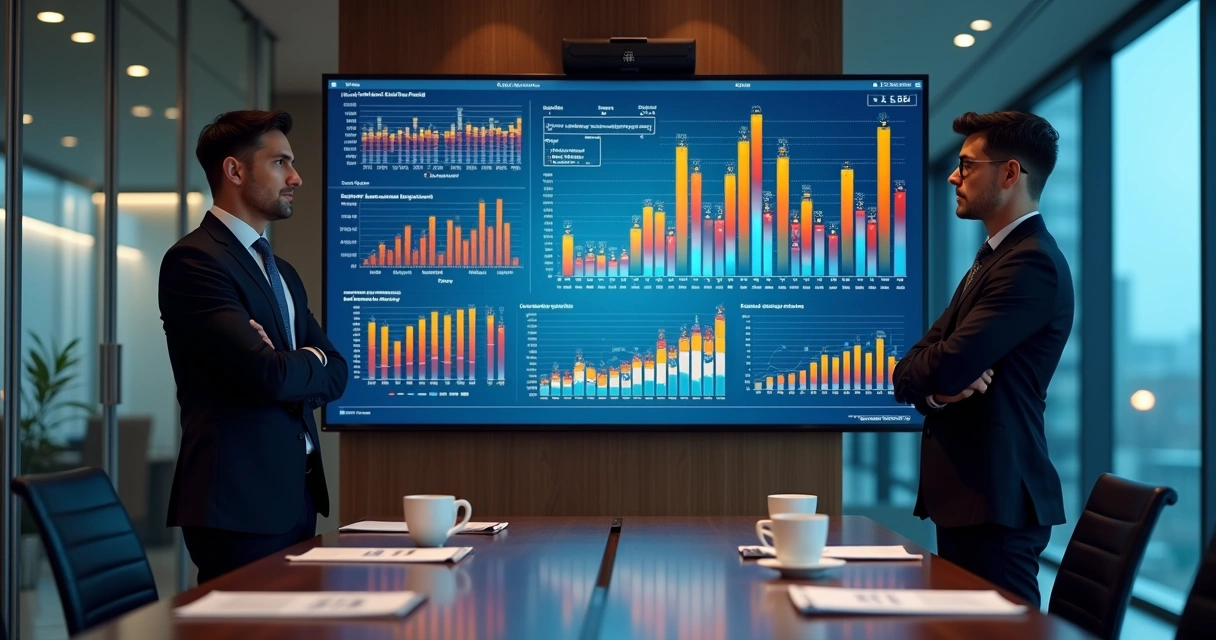 Diretores analisando painel de fluxo de caixa em sala de reuniões 