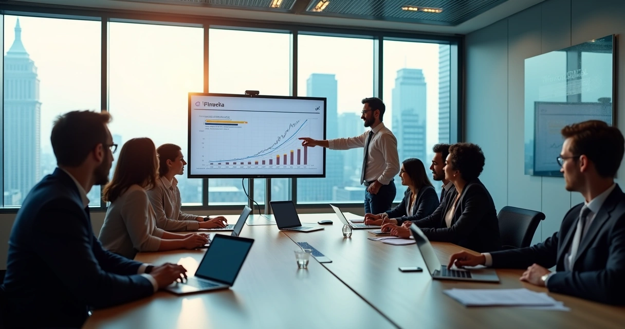 Equipe de negócios reunida em torno de uma mesa com gráficos e planilhas. 