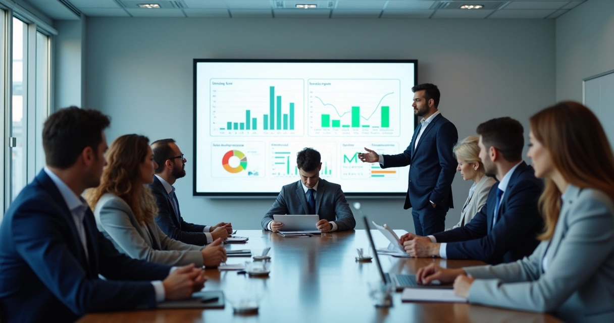Gestores em sala de reunião analisando resultados em um quadro branco 