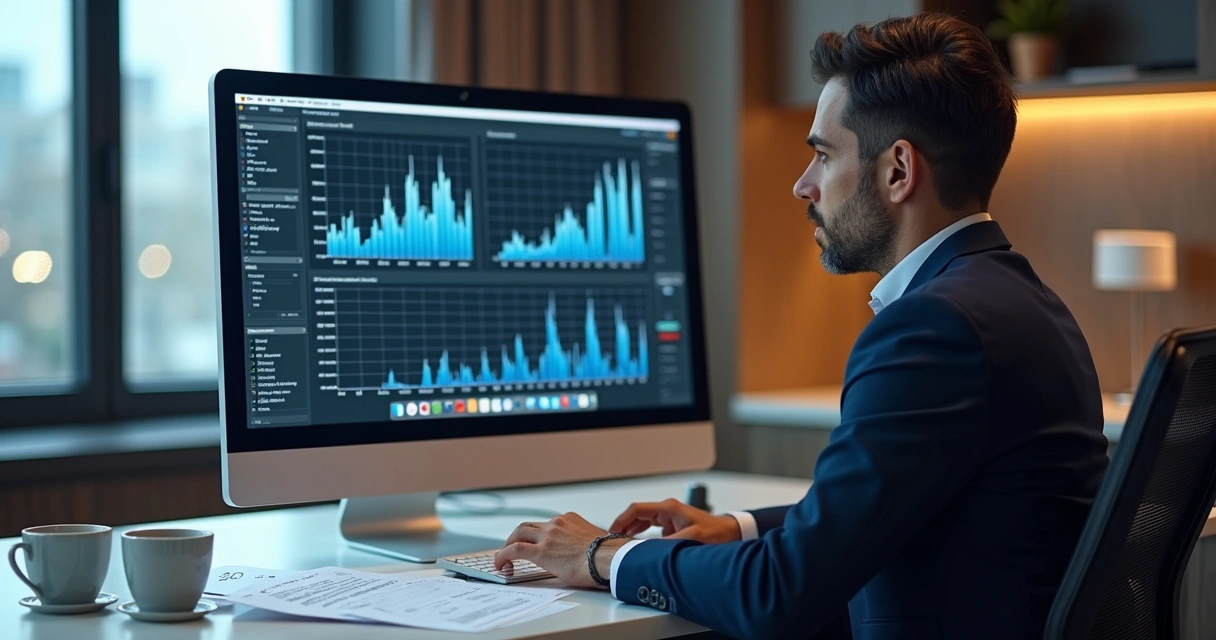 Empresário analisando gráficos digitais de planejamento empresarial 