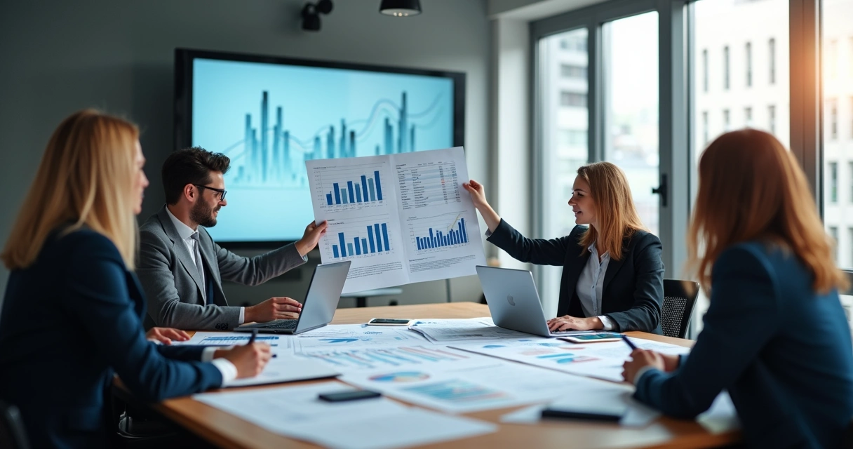 Equipe de gestão analisando gráficos financeiros e tabelas tributárias na mesa de reunião