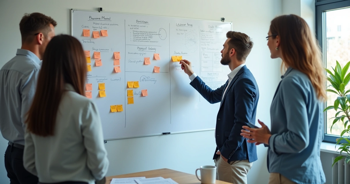 Grupo organizando tarefas em quadro colaborativo 
