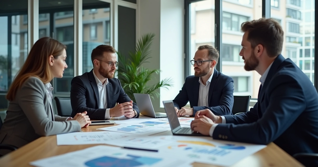 Equipe discutindo planejamento estratégico em mesa de reunião 