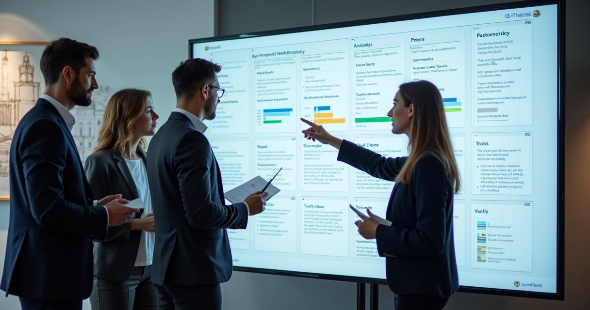 Equipe analisando plano de ação digital na construção civil 
