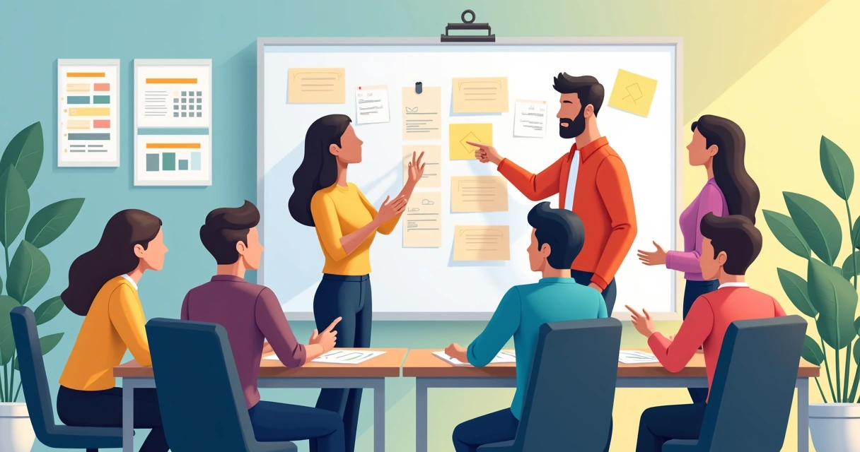 Equipe de profissionais revisando metas semanais em sala com quadro branco 