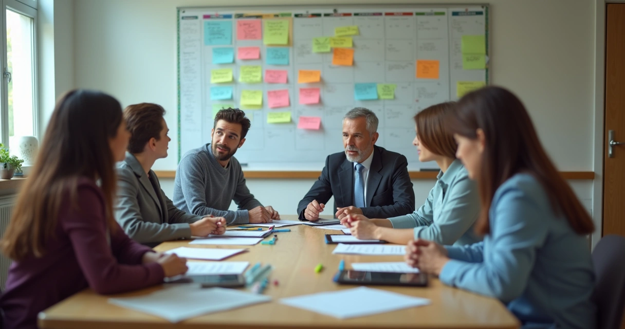 Gestor escolar revisando cronograma com equipe docente em sala de reuniões 