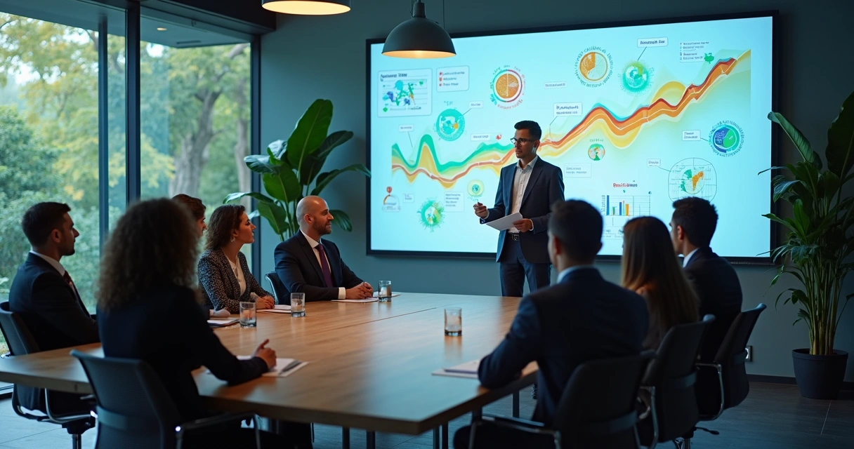 Mesa de reuniões com gráficos financeiros e ícones ESG 