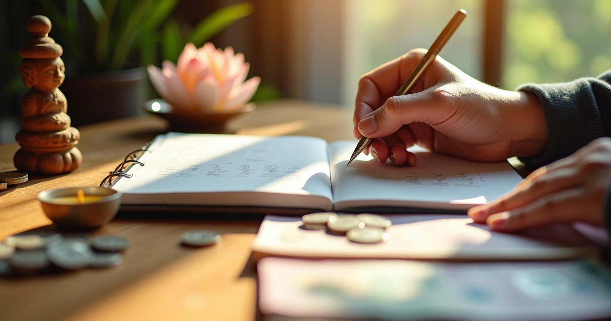 Caderno de planejamento financeiro com símbolos espirituais desenhados 