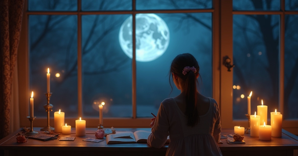 Mulher escrevendo em diário lunar com velas acesas ao lado 