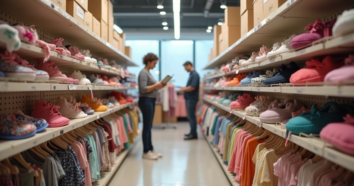 Loja organizada com prateleiras de roupas infantis, funcionário tomando notas ao lado, caixas organizadas ao fundo. 