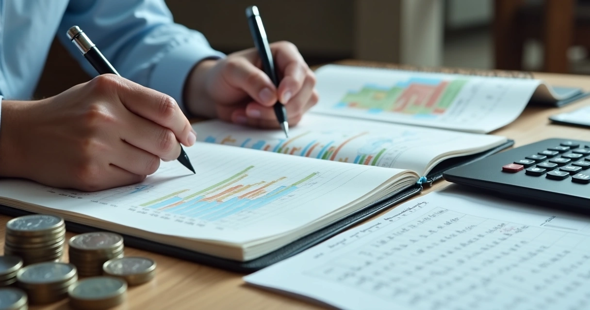 Pessoa analisando gráficos, dinheiro e calendário 